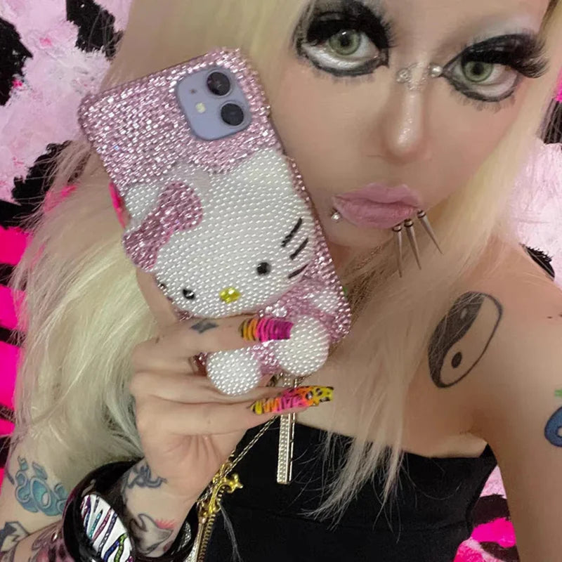 Hello Kitty Rhinestone Bling Crystal Phone Case Chain For iPhone17 16 15 14 13 12 11Pro Max X Xs XR 7 8 Plus Transparent Bumper