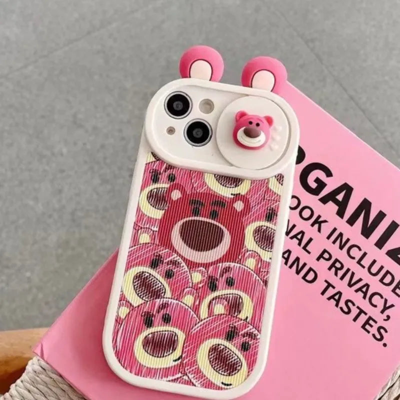 Disney 3D Lotso Bear Slide Camera Cover Phone Case for iPhone 16 15 14 13 12 11 Pro Max Cute Pink Anti-scratch Protective Cover
