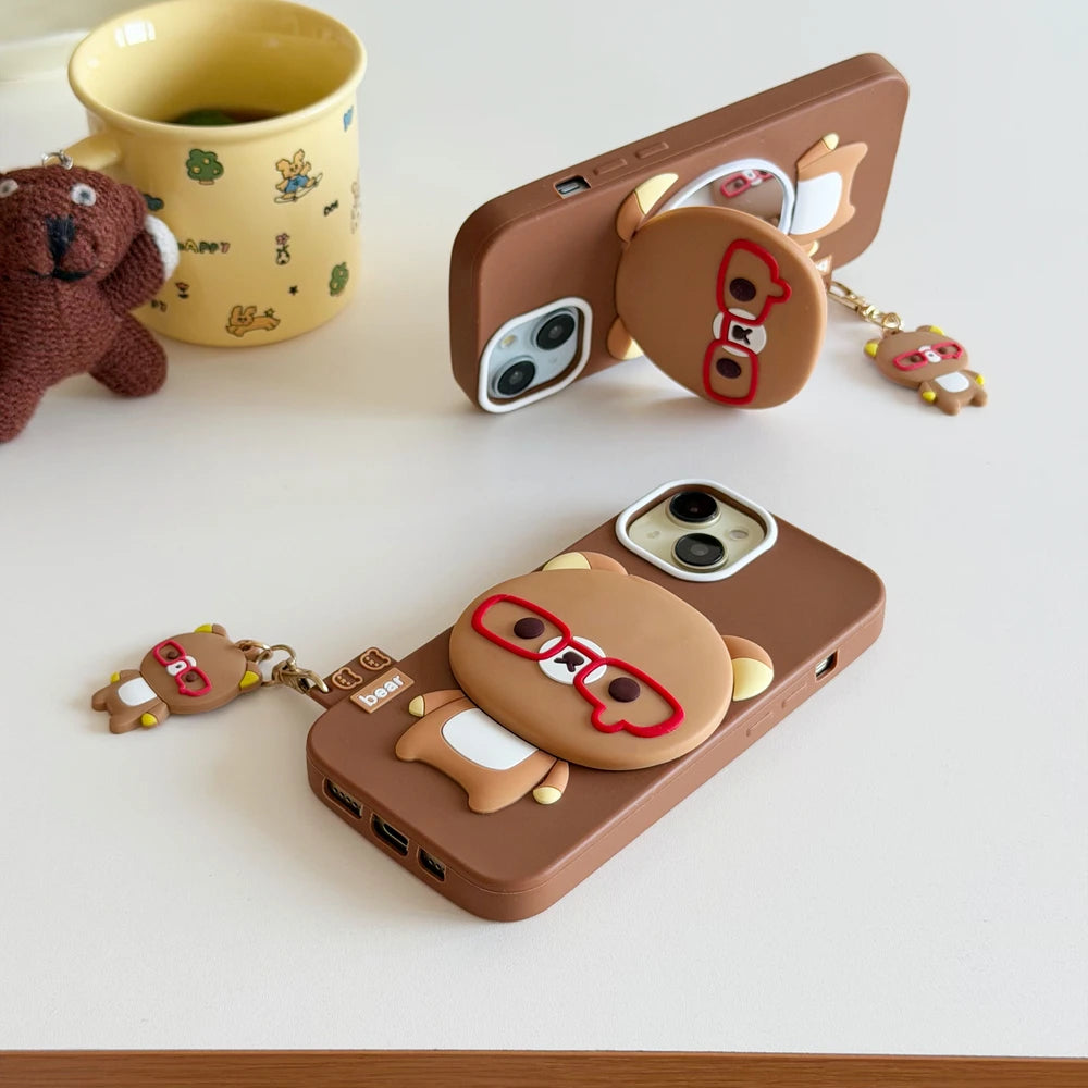 Rilakkuma Bear Hide Makeup Mirror Phone Case For iPhone 17 16 15 14 13 Pro Max 3D Cute Cartoon Soft Silicone Cover With Pendant