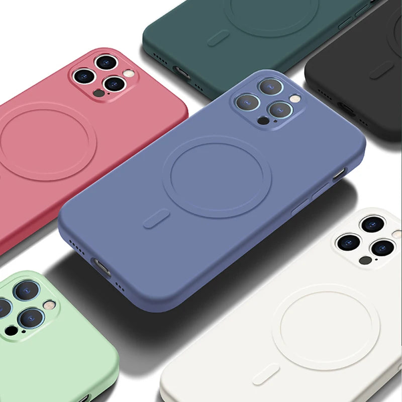 Liquid Silicone Case For iPhone 15 11 12 13 14  Pro Max Mini X XR Xs Plus Phone Magnetic Wireless Charging For Magsafe Cover