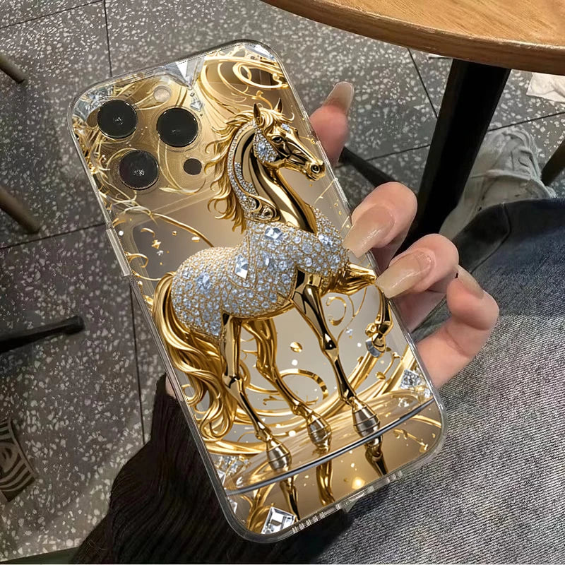 Golden Horse Diamond Printed Phone Case For iPhone 17 16 15 14 Plus Pro Max 12 11 13 X XS XR 7 8 Plus 16E 17Air Soft Clear Cover