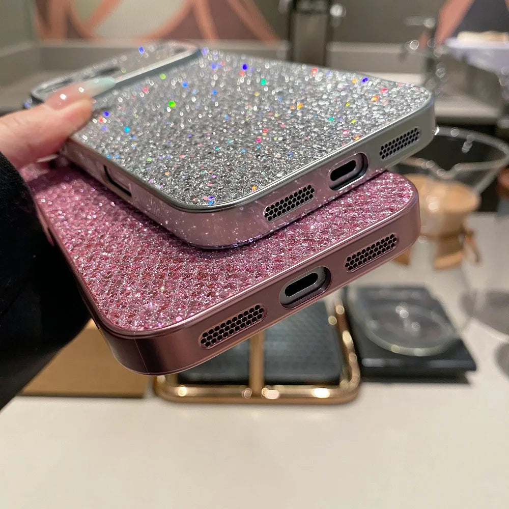Korea Luxury Glitter Diamond Phone Case For iphone 17 16 15 14 13 Pro Max Shiny Camera Protection Shockproof Back Cover
