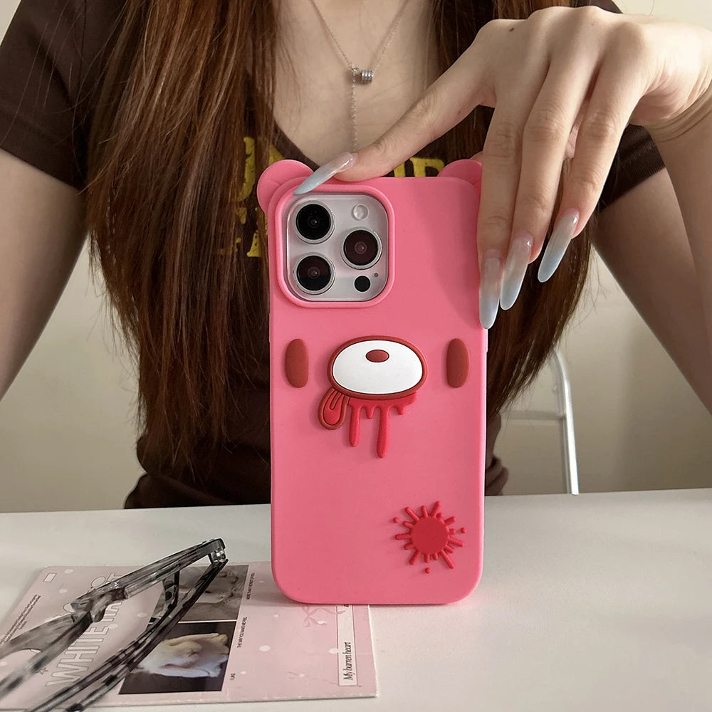 Funny 3D Cartoon Bloody Bear Phone Case for iPhone 17 13 14 15 16 Pro Max Cute Shockproof Soft Silicone Back Cover Fundas