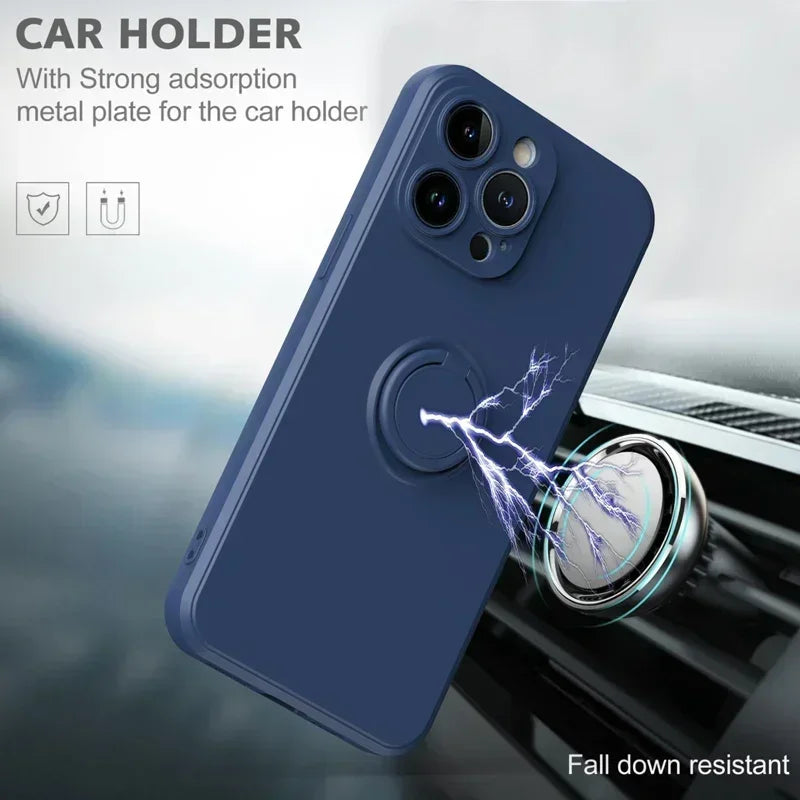 Liquid Silicone Case For iPhone 17 16 16e 15 13 Mini 14 12 11 Pro Max Plus Phone Holder Ring Stand Protect Cover Wrist Strap
