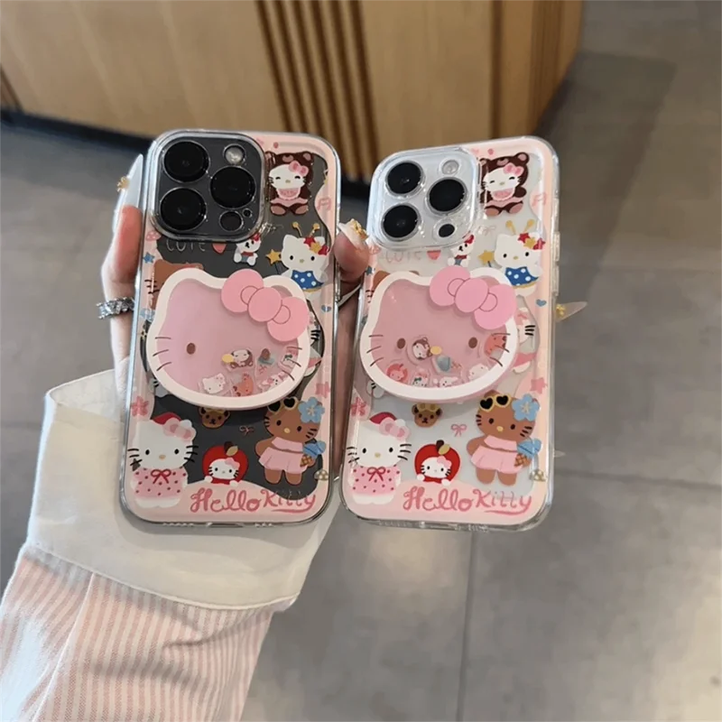 For iPhone 17 Pro 16E 16 13 12 mini 11 14 15 Pro Max Cute Hello Kitty Cartoon Shakeable Grip Tok Holder Transparent Phone Case