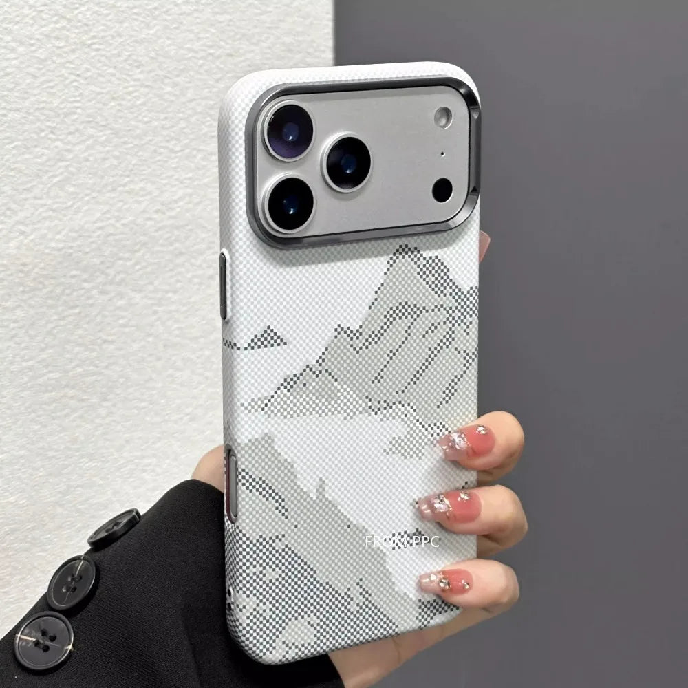 Snow Mountain Magnetic Case for iPhone 17 Pro Max Carbon Fiber Hard PC Magnets in Back Cover Camera Metal Lens Protection Shell