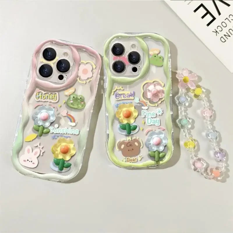 3D Pink Flower Phone Chain Clear Case for Samsung Galaxy S26 S25 Plus S23 S24 Ultra FE S25FE A57 A37 A17 A56 A16 A55 A54 A15 5G