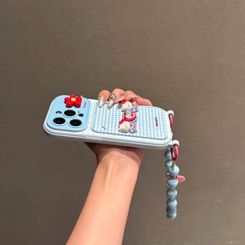3D Toy Blue Hello Kitty Case for iPhone 17 Pro Max 16 15 Plus 14 Pro 13 12 11 Card Holder Cartoon Phone Cover With Bead Lanyard