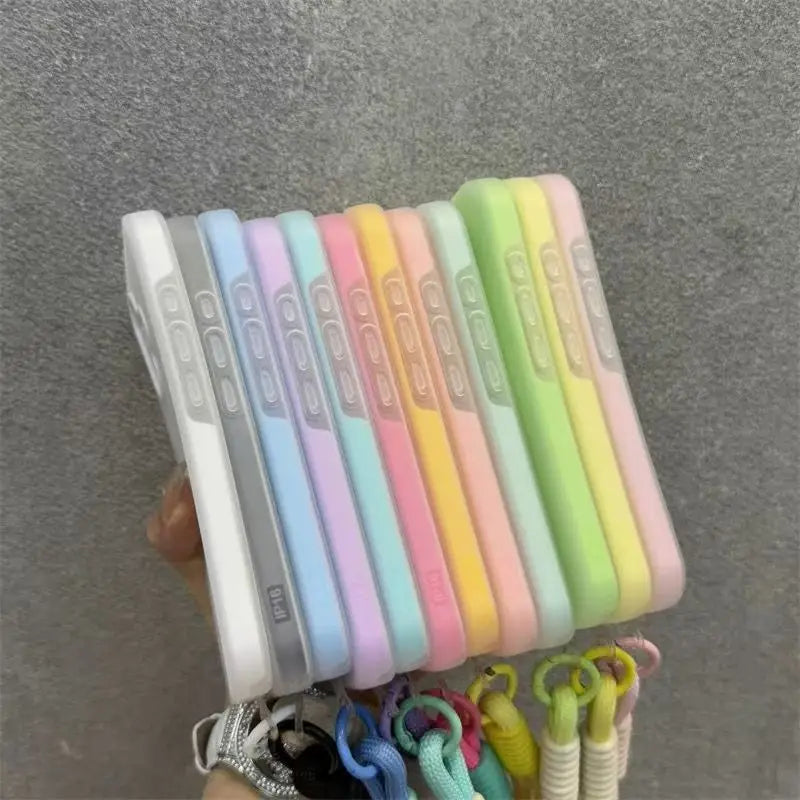 Soft Matte Candy Transparent Phone Case For iPhone 17 16 Pro Max 15 14 13 12 11 XS X 7 8 Plus 16e Hand Wrist Strap Lanyard Cover
