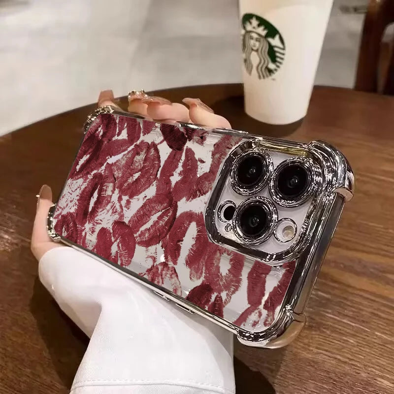 Trendy Retro Wine Red Lip Print Case For Samsung Galaxy S25 FE S26 Edge S24 S22 S23 S21 Plus S20 Ultra Plating Airbag Soft Cover