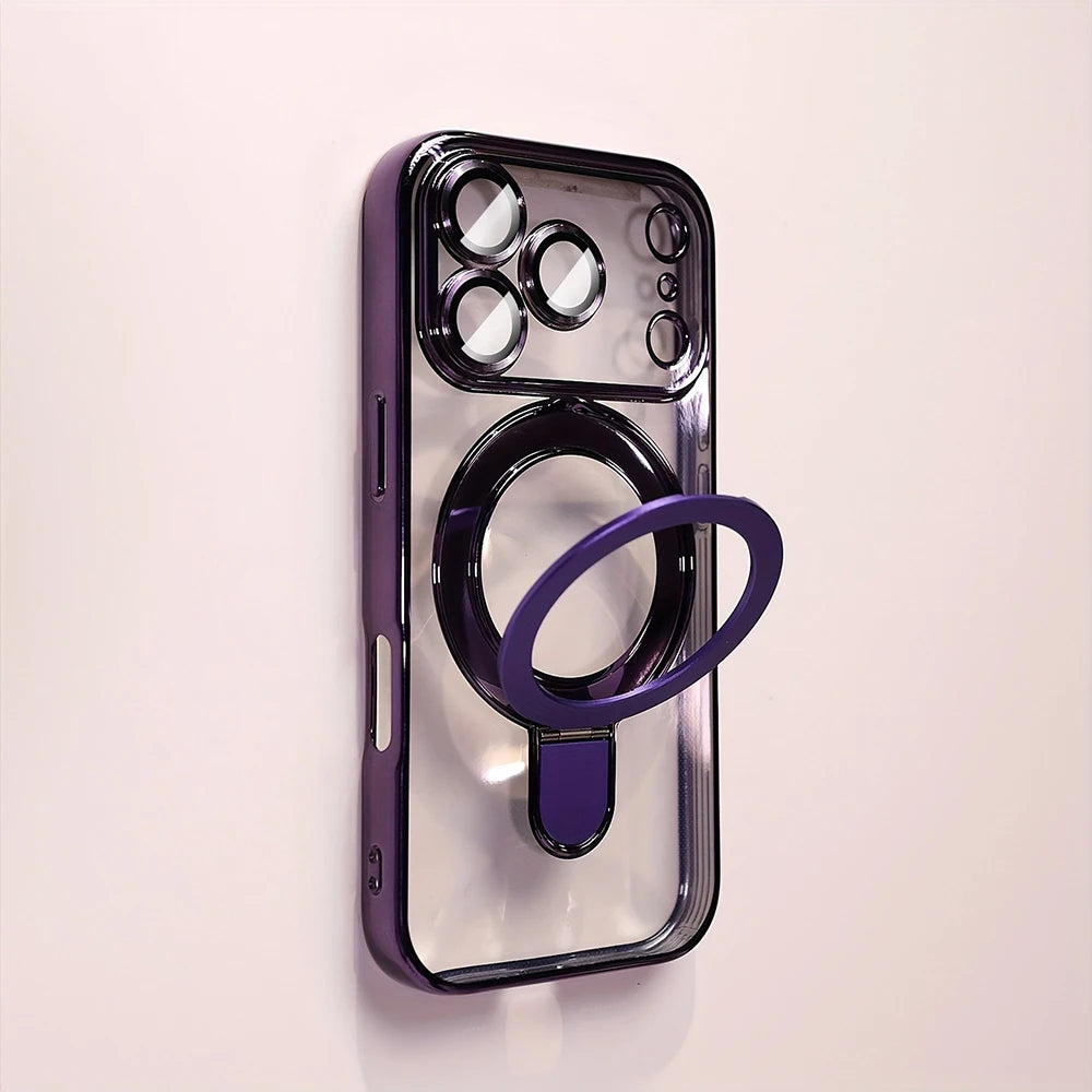 Luxury Plating Magnetic Bracket Phone Case For iPhone 17 16 15 14 13 Pro Max 17Pro Cases For Magsafe Stand Holder Clear Cover