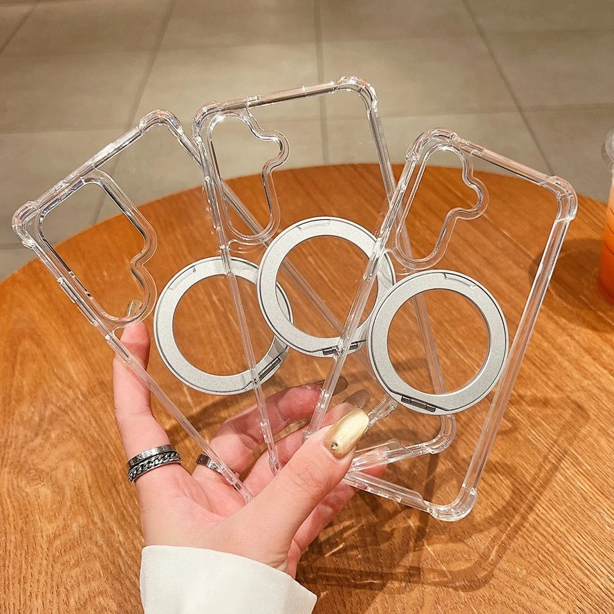 For Samsung Galaxy S26 S25 S24 FE S23 S22 Ultra Plus 360 Rotating Bracket Magnetic Case for A35 A55 A56 Transparent Airbag Cover