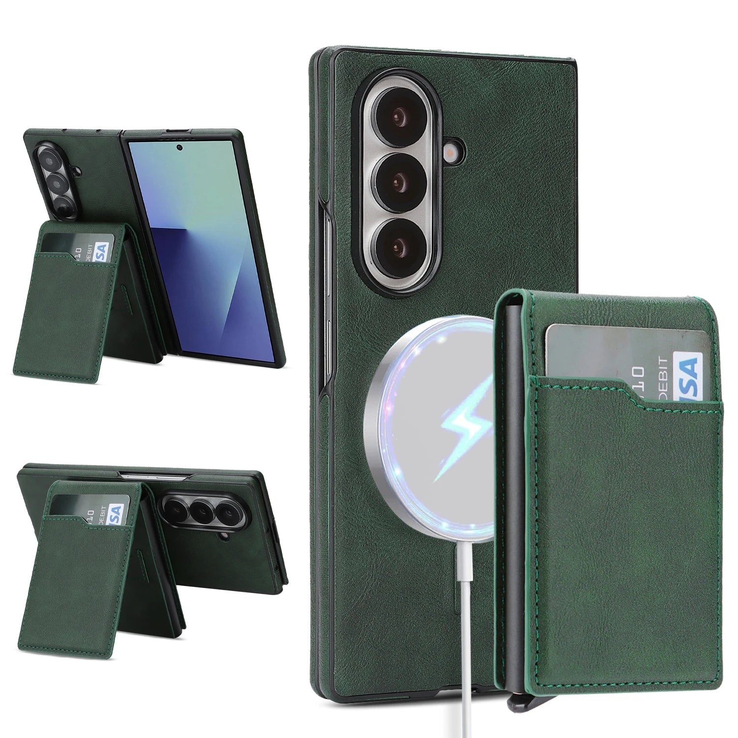 2 in 1 Wireless Charging Leather Case For Samsung Galaxy Z Fold 7 6 5 4 3 Fold7 Magnetic Card Slots Cards Holder Phone Cover