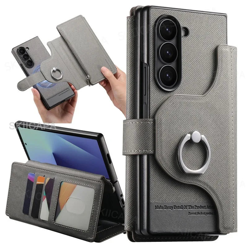 Zipper Wallet Magnetic Cover for Samsung Z Fold 7 Fold6 Fold5 Fold4 Fold3 Magsafe 2 in 1 Flip Leather Stand Holder Phone Bag