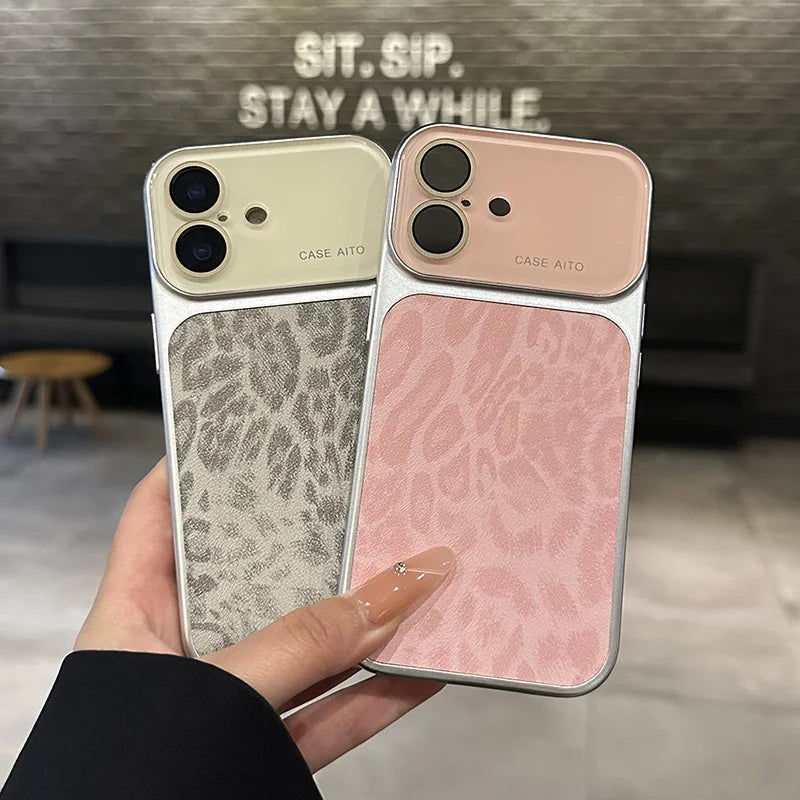 Luxury Retro Leopard Pattern Case For iPhone 17 16 15 14 Pro Max 13 Shockproof Large Window Camera Glass Matte Plating Cover