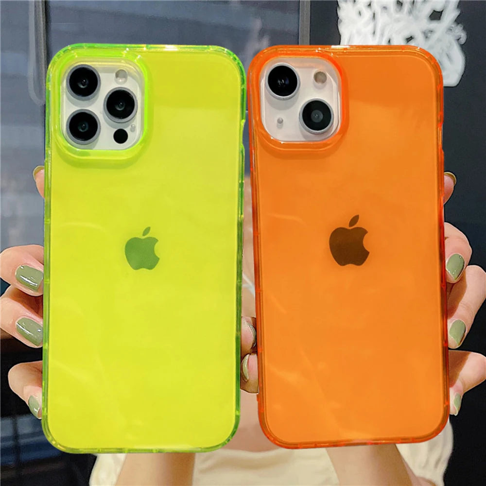 Ins Neon Fluorescent Color Clear Phone Case For iPhone 17 16 15 14 Pro 11 12 13 Pro Max XR XS 8 Plus Soft Shockproof Cover Coque