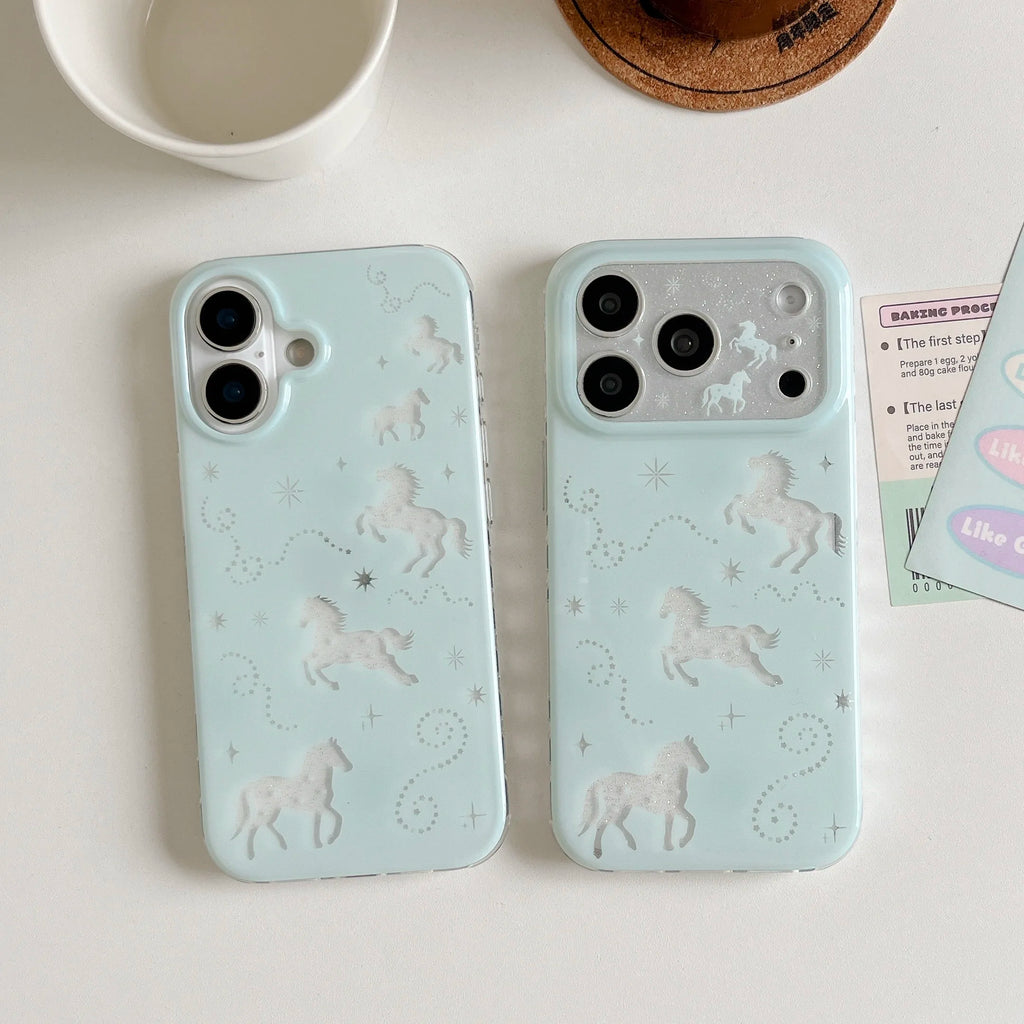 Glittery Mint Shimmering White Pony & Star Print Shockproof Phone Case for iPhone 17 16 15 14 11 12 13 Pro Max Plus Back Cover