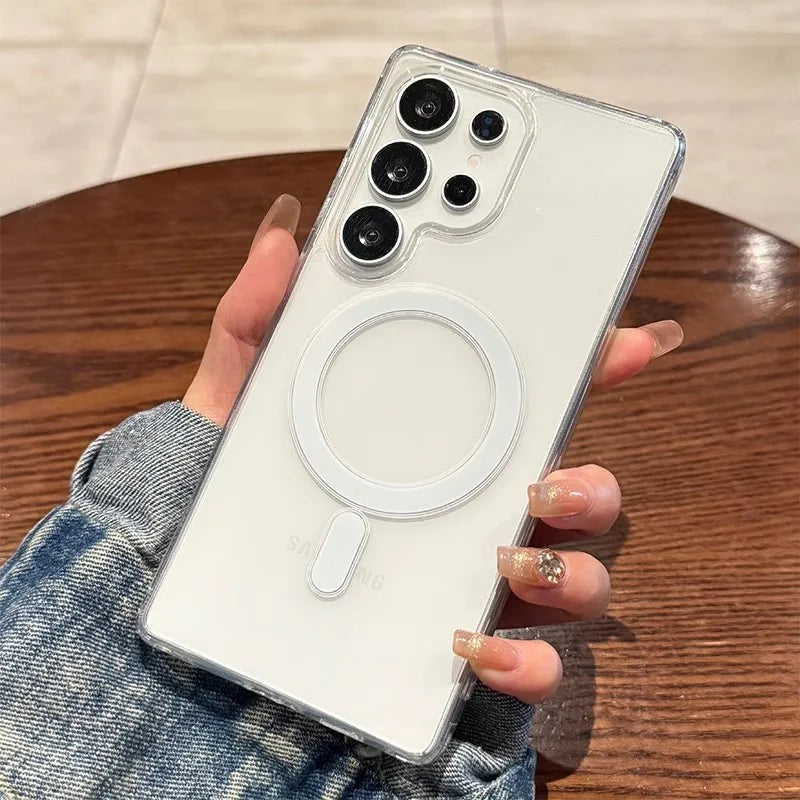 Original For Magsafe Magnetic Phone Case For Samsung Galaxy S25 S24 S23 S22 Ultra Plus Wireless Charging Shockproof Clear Cover