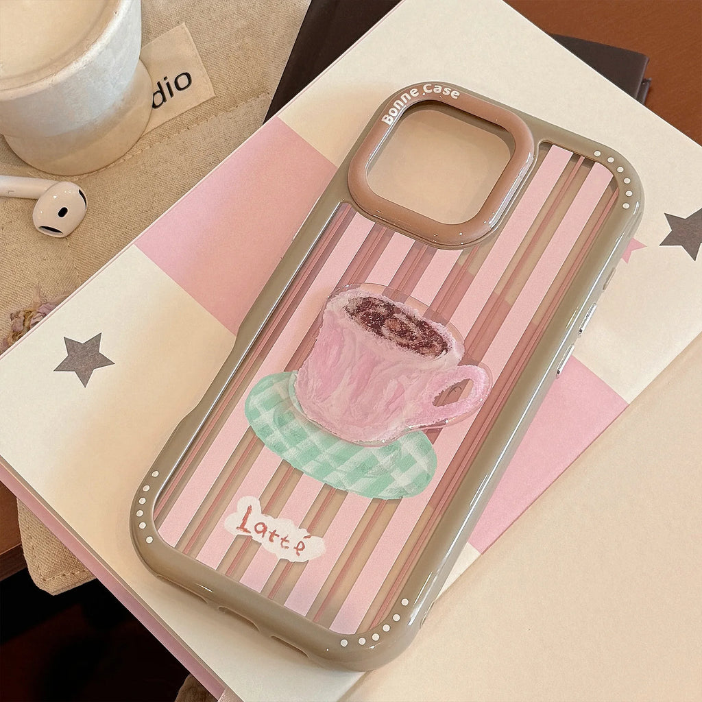 Korean Striped 3D Cartoon Dessert Cake Phone Case for iPhone 17 16 15 14 13 12 11 Pro Max XS XR Acrylic Shockproof Hard Cover