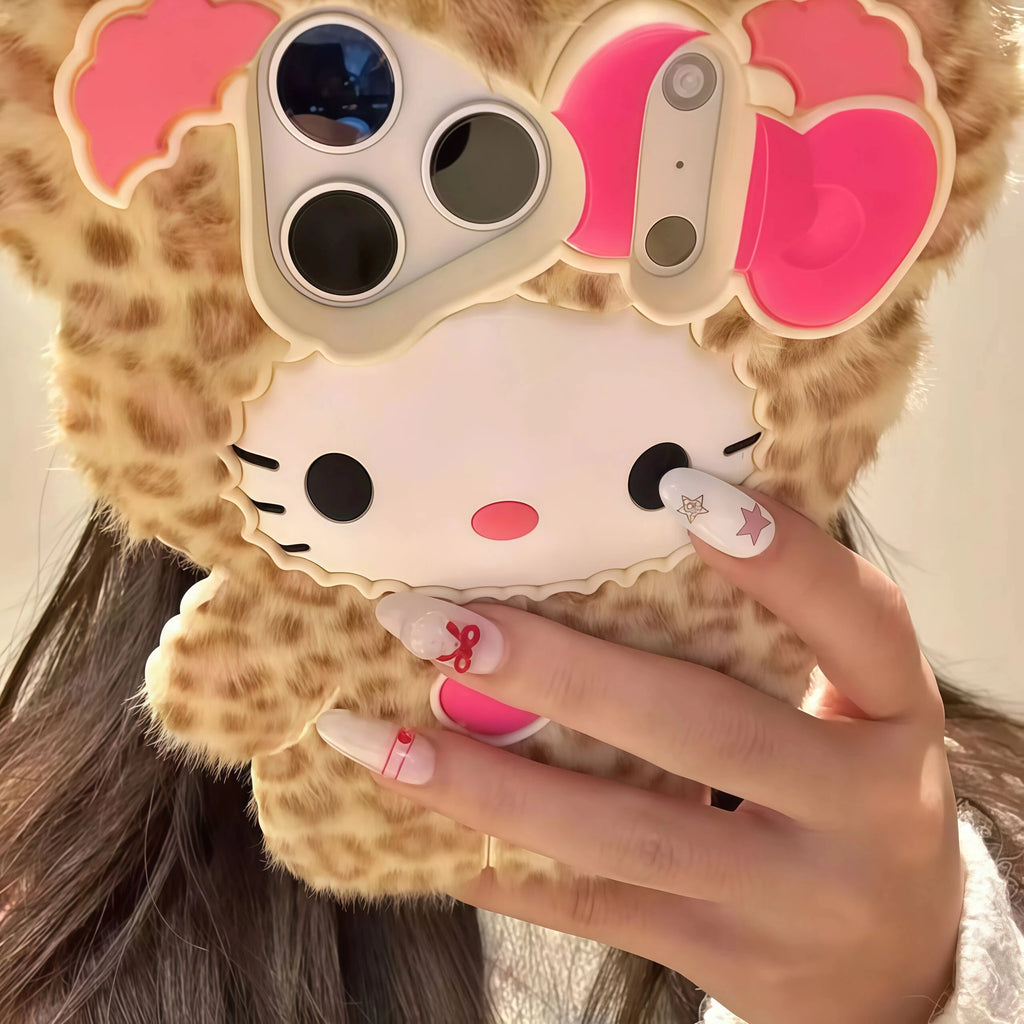 Cute Fluffy Leopard Print Hello Kitty Phone Case For iPhone 17 16 15 14 13 12 Pro Max Plus 17 Pro Cartoon Plush Kitty Back Cover