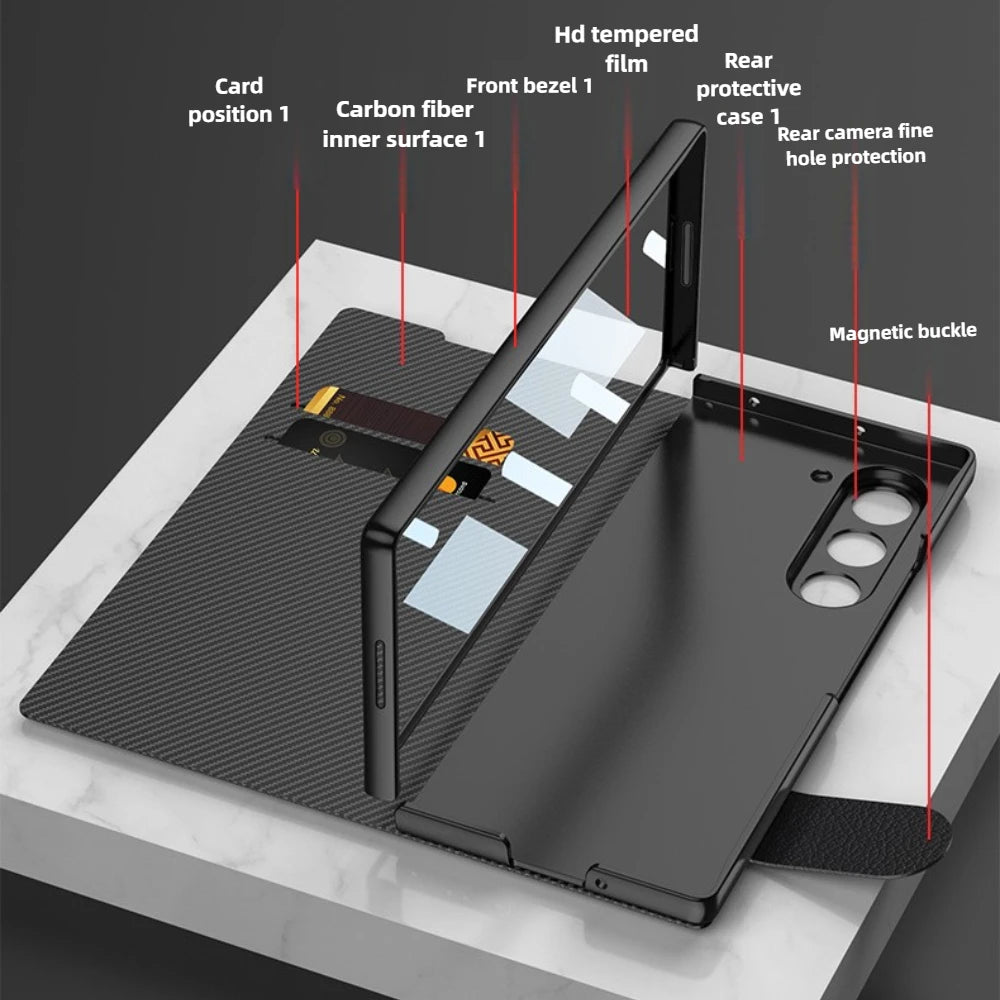 Magnetic Buckle Card Holder Flip Phone Case + Film for Samsung Galaxy Z Fold 7 Zfold 6 Wireless Charging Leather Thin Hard Cover