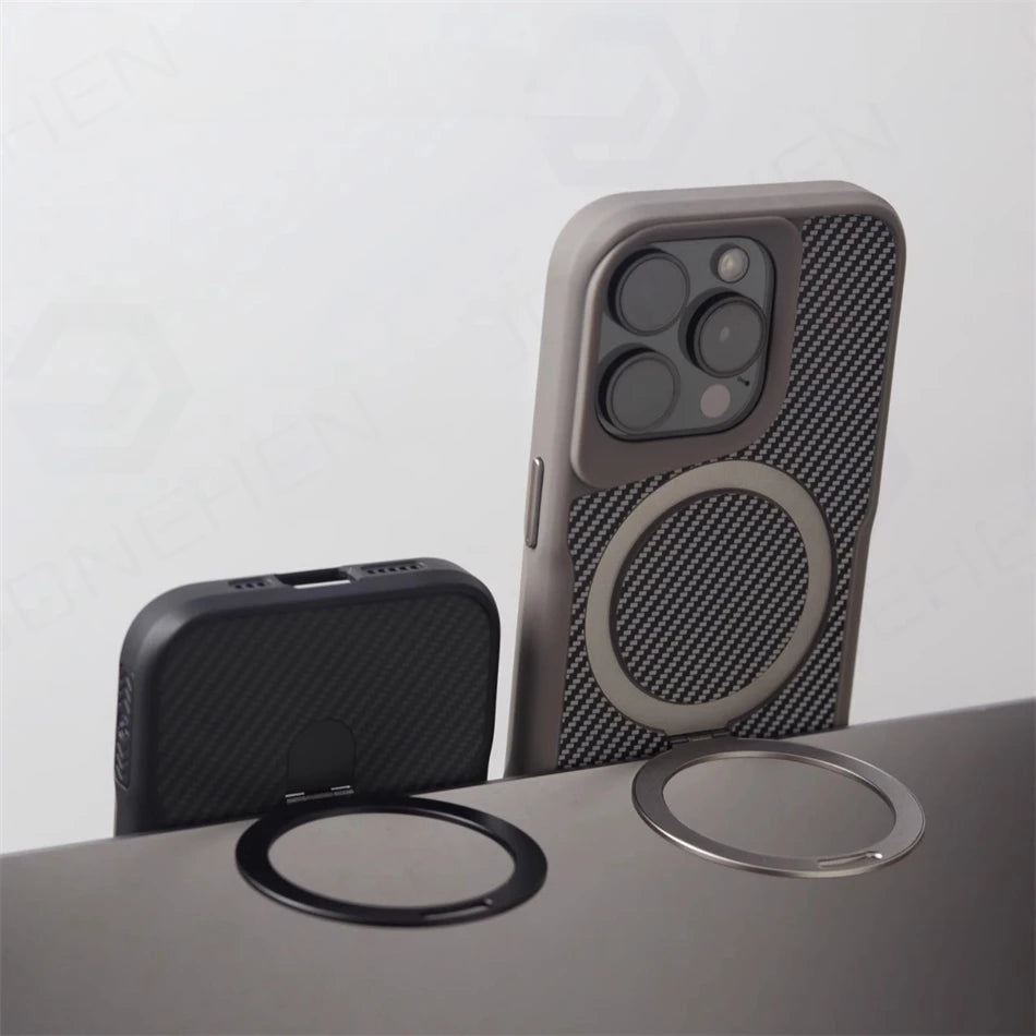 Luxury For Magsafe Shockproof Frame Armor Case For iPhone 13 15 12 14 16 17 Pro Max Metal Bracket Carbon Fiber Pattern Cover