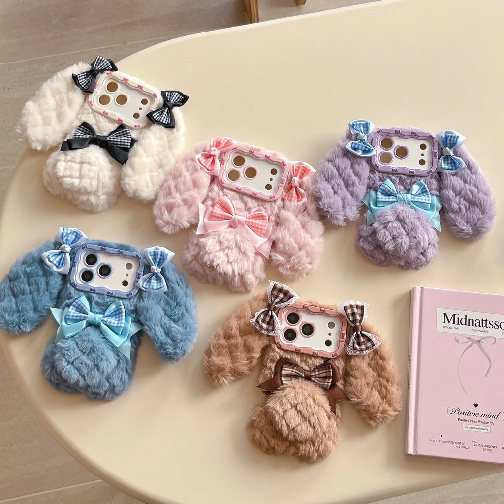 Bunny Rabbit Plush Phone Case with Butterfly Knot Design For iPhone 17 pro Max 16pro 15plus 14 13 Protective Cover