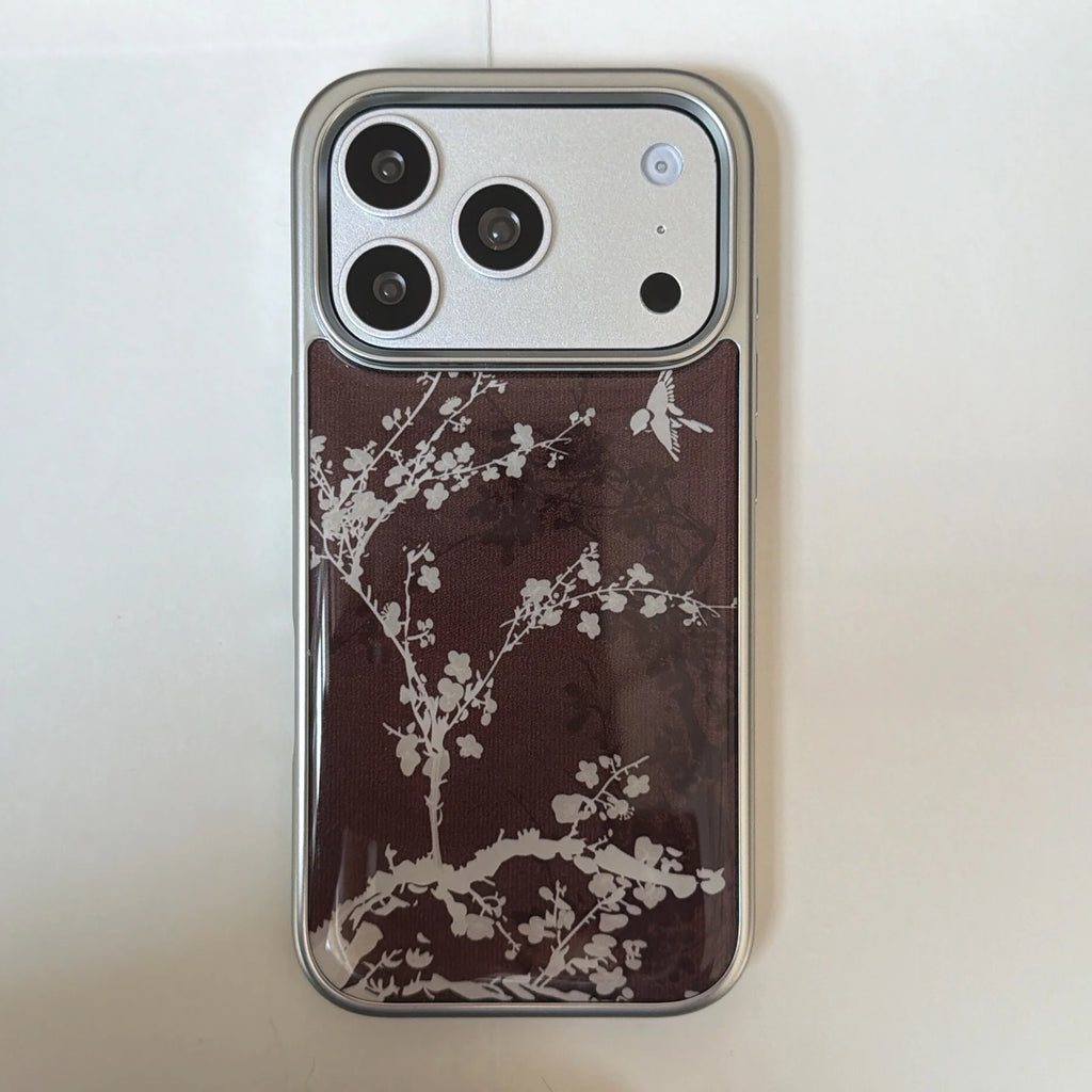 Elegant Plum Blossom Burgundy Bird & Branch Traditional Art Phone Case for iPhone 17 16 15 14 13 Pro Max Back Phone Cover Capa