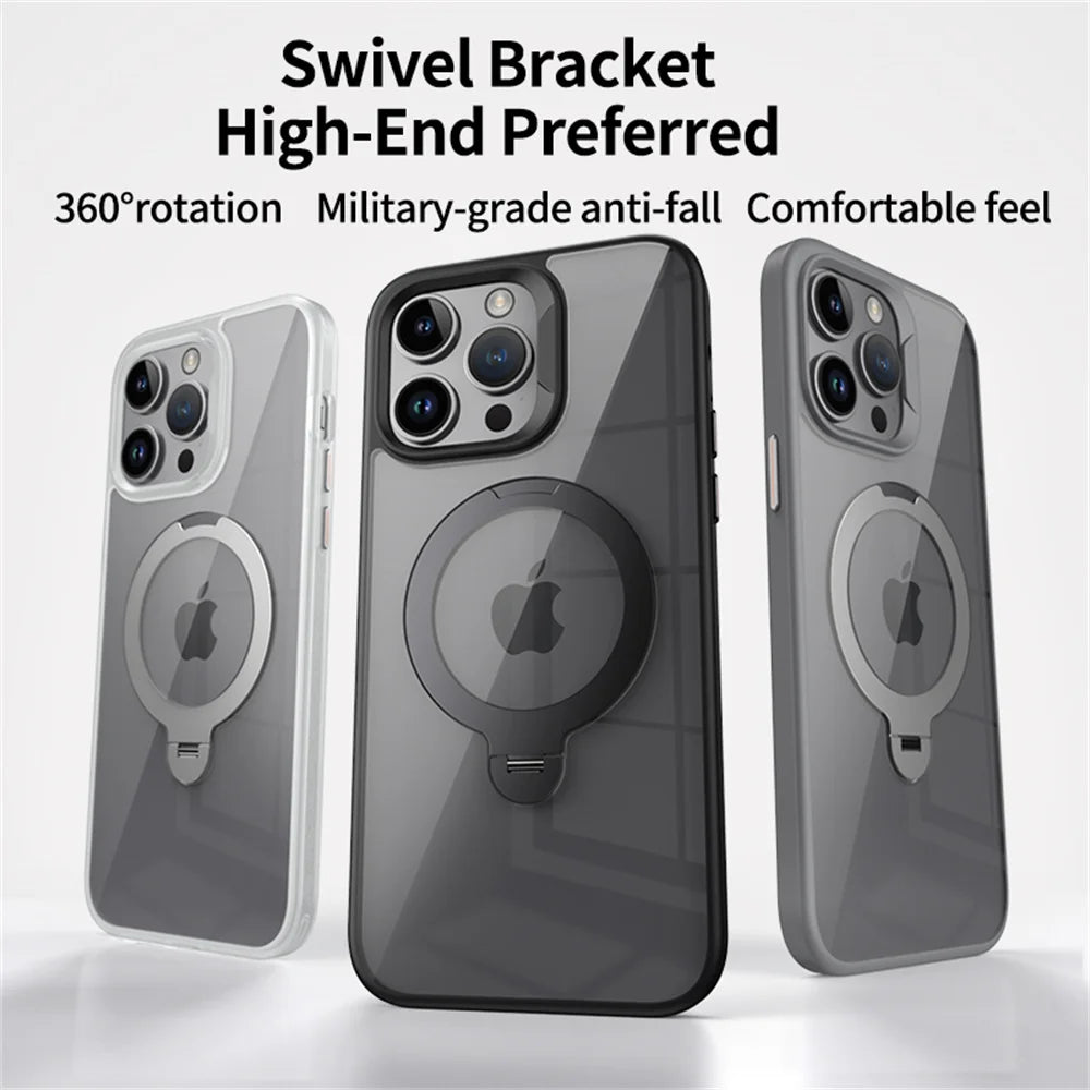 Rotating Folding Stand Clear Magnetic Phone Case For iPhone 12 13 14 15 16 17 Pro Max Swivel Holder TPU Bumper Acrylic Cover