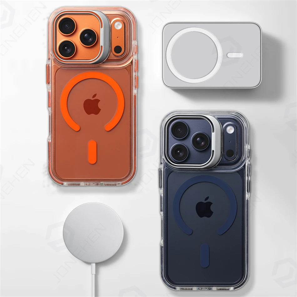 For Magsafe Hit Frame Magnetic Clear  Case For iPhone Air 17 Pro Max 17p 16 15 14 Pro Alloy Bracket Stand Anti-Drop Bumper Cover