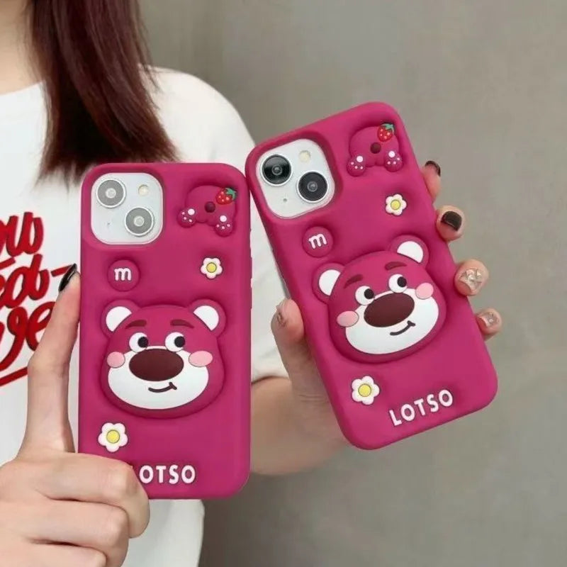 Cartoon lotso Bear Cute Soft Silicone Case For iphone 17 16 15 14 13 12 11 Pro Max XSMAX XR 6 7 8 Plus With Stand Holder Cover