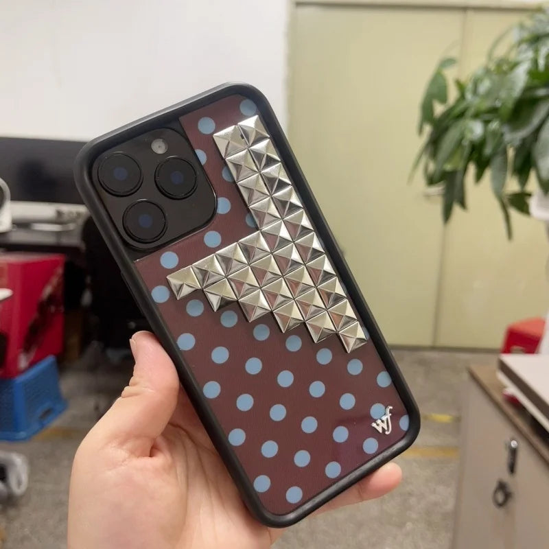Wildflower 3D silver solid rivet Black white brown yellow Polka Dots Phone case For iPhone 13 12 14 15 16 17 Pro Max Plus Cover﻿