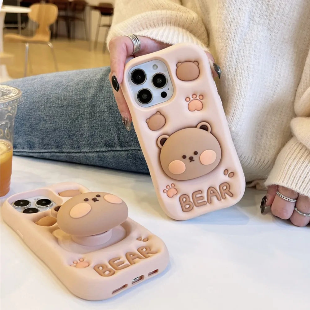 Cartoon Bear Phone Cases For iPhone 16 Plus 15 14 13 12 11 Pro Max X XR XS Max 6 7 8 Plus SE Soft Silicone Cover With Holder