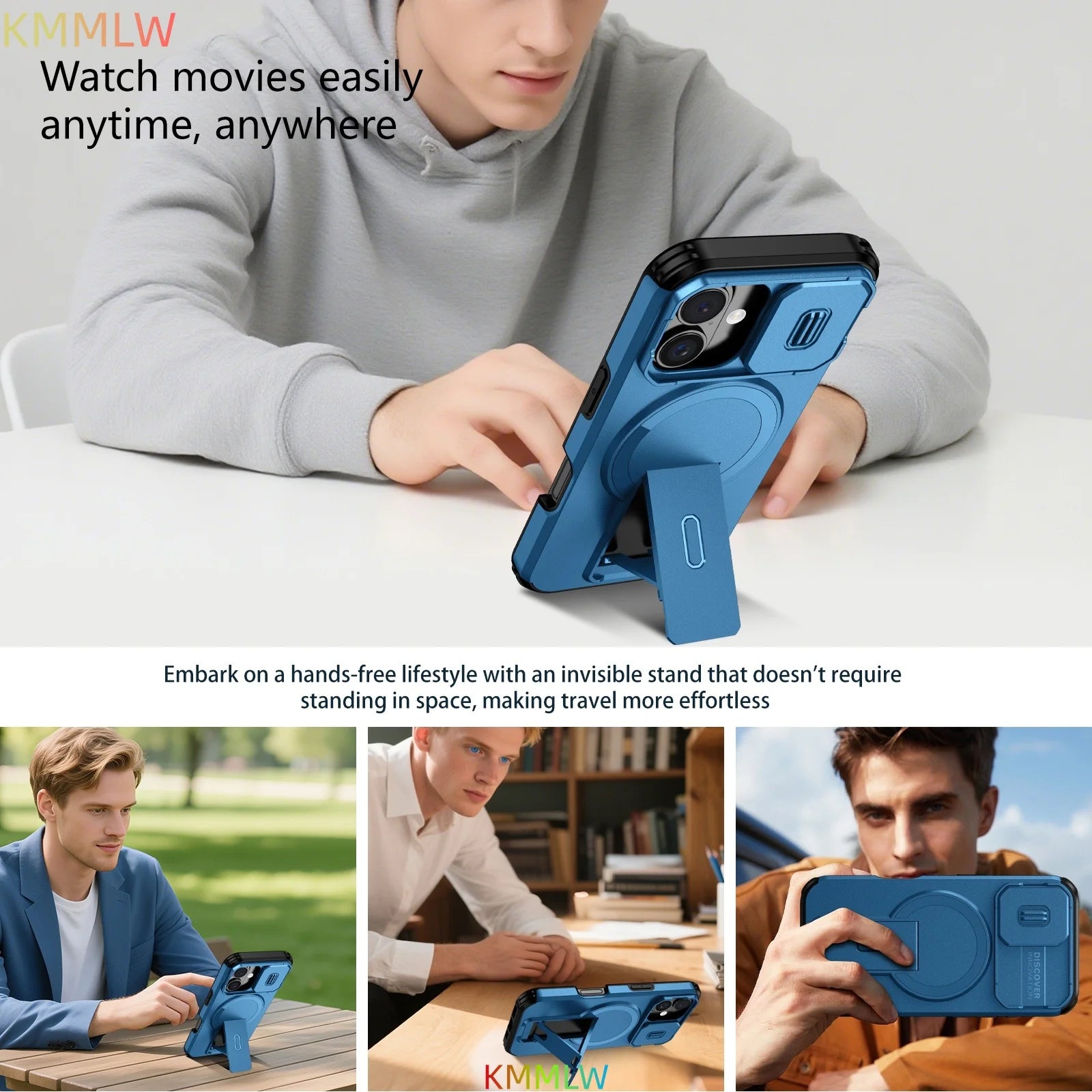 Lens Protect Camera Phone Case for iPhone 16 15 14 13 12 11 Pro Max Plus 16e Magnetic Kickstand Cover