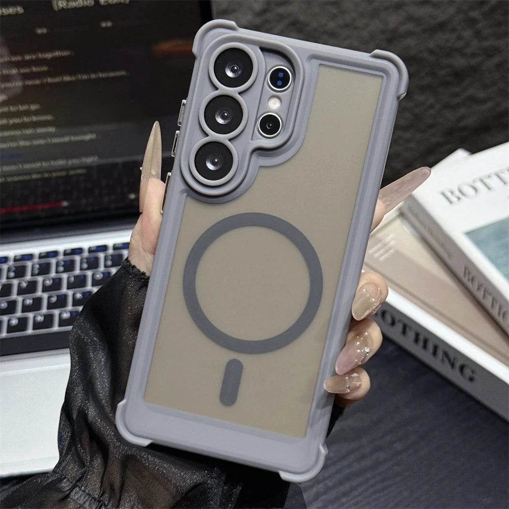2-in-1 Corners Anti-Drop Magnetic Matte PC Case for Samsung S26 Ultra S25 Plus S24 Airbags for Magsafe Translucent Phone Cover