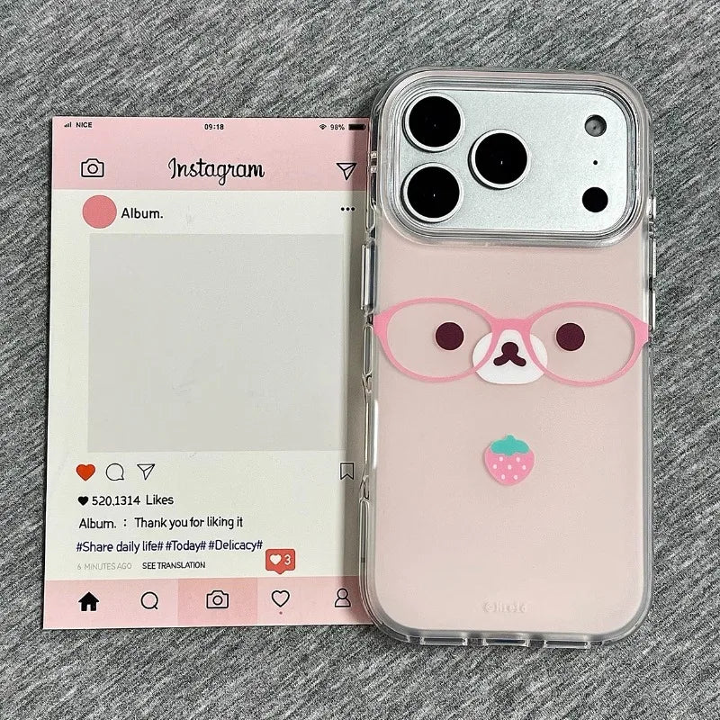 Cute Pink Strawberry Glasses Bear Phone Case For iPhone 11 12 13 14 15 16 17 Pro Max 16e 17 Air X XR XS 7 8 Plus Soft Back Cover