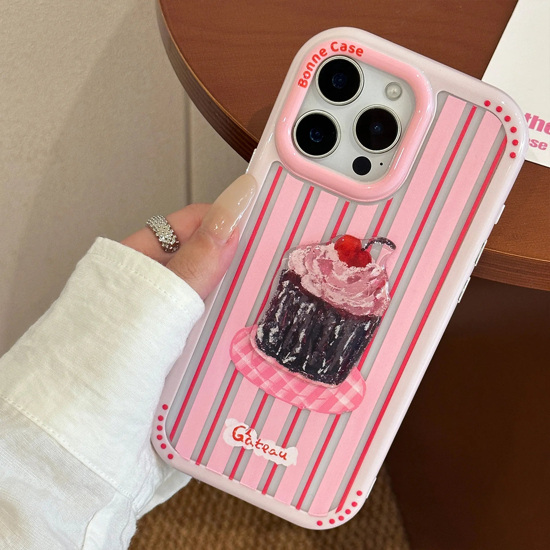 Korean Striped 3D Cartoon Dessert Cake Phone Case for iPhone 17 16 15 14 13 12 11 Pro Max XS XR Acrylic Shockproof Hard Cover