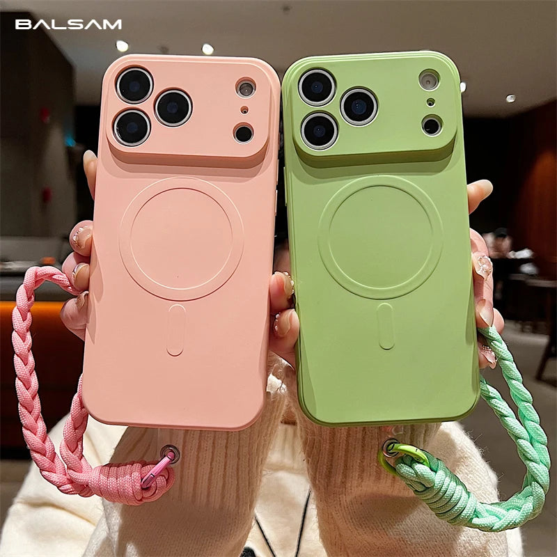 For Magsafe Liquid Silicone Magnetic Matte Case for iPhone 17 Air 16e 15 14 13 12 11 Pro Max Plus Wrist Strap Lanyard Soft Cover