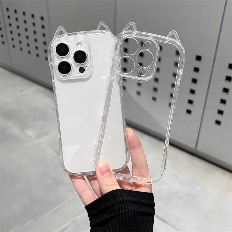 Cute Cat 3D Ears Transparent Phone Case For iPhone 17 Pro Max Air 16 15 13 11 12 14 Plus Soft Clear TPU Back Cover Shell