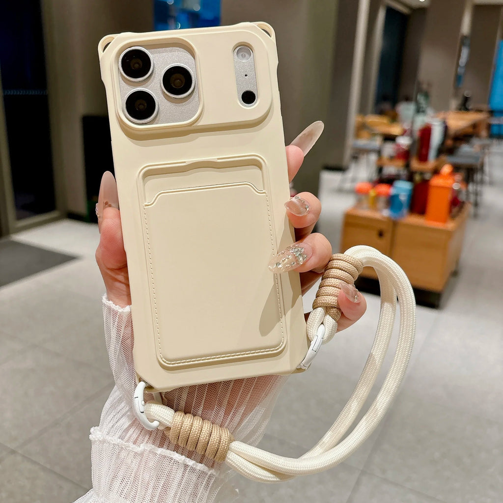 Four Corner Holes Detachable Hand Wrist Lanyard Phone Case For iPhone 17 16 15 14 13 12 11 Pro Max Plus Mini Air Card Slot Cover
