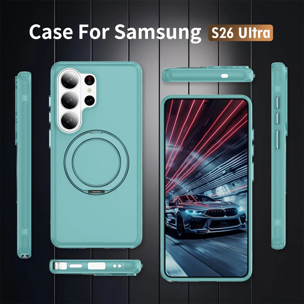 Luxury Non-Slip Armor Rotating Folding Magnetic Stand Phone Case For Samsung S26 Ultra s26 Plus Pure Matte Anti-Shock Back Cover