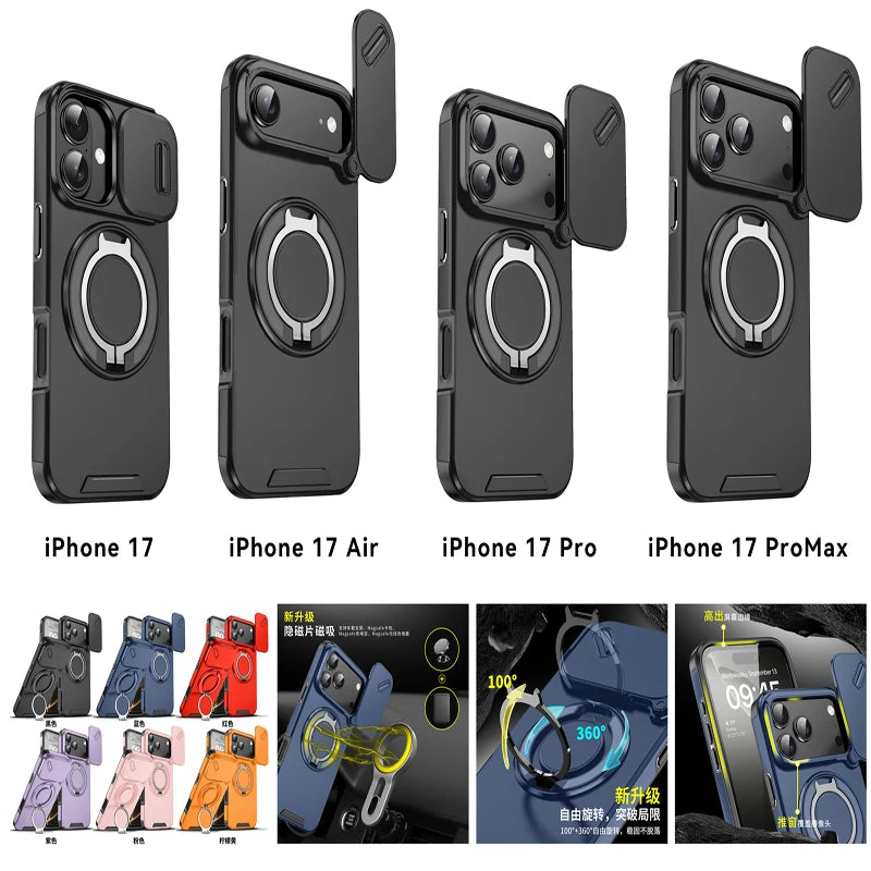 Shockproof Armor Case For iPhone 17 16 15 14 13 12 11 Pro Max 17Pro 16Pro iPhone17 Camera Lens Slide Cap Full Cover Stand Holder