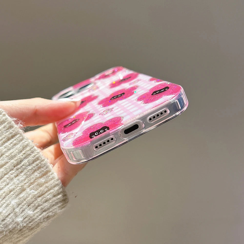 Cute Pink Grid Pattern for Iphone 17Promax Cartoon Black Cat Glitter Case for iPhone 14 15 16 Pro Max 17 pro Shockproof Cover