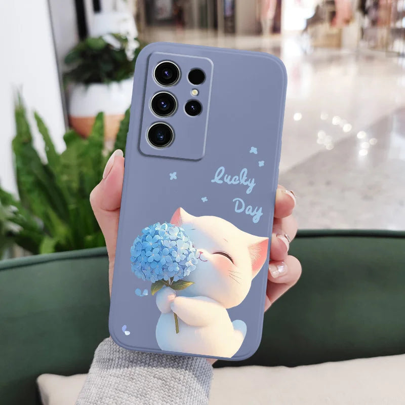 Blue Silk Cat Phone Case For Samsung Galaxy S26 Plus Ultra Silicone Cover