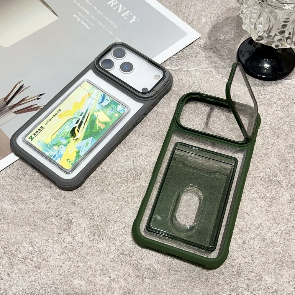 Luxury Slot Card Holder Wallet Clear Case For iPhone 11 12 13 14 15 16 17 Pro Max Air Fold Lens Stand Holder Shockproof Cover