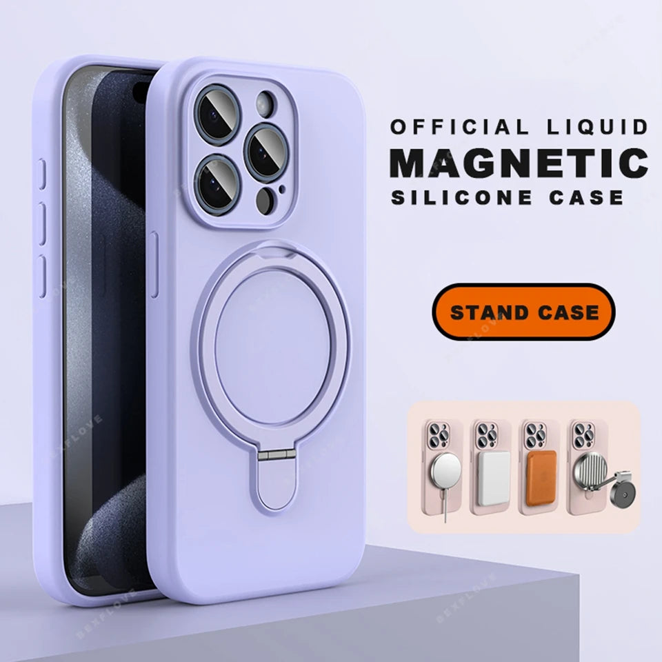Magnetic Ring Holder Liduid Silicone Stand Phone Case For iPhone 15 14 16 Plus 11 12 13 16 Pro Max Magsafe Protector Soft Cover