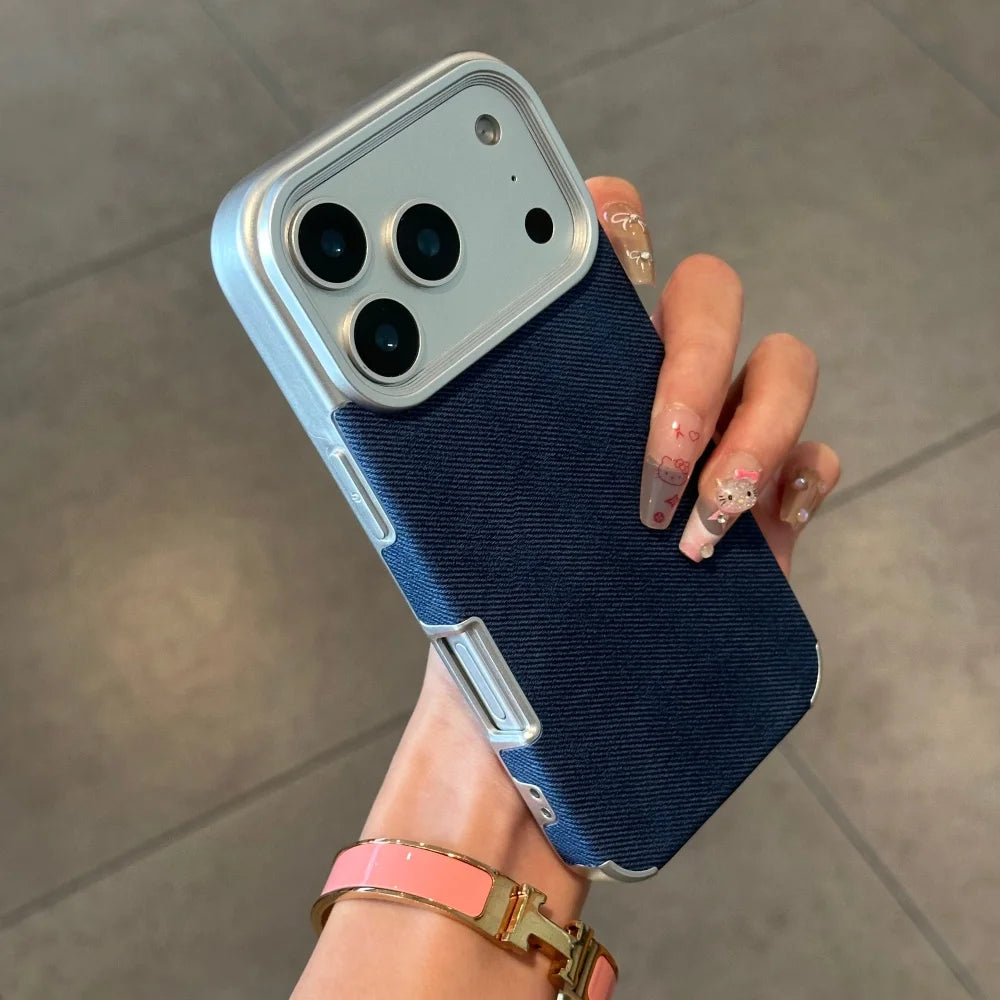 Luxury Jeans Fabric Soft Plating Case for iPhone 17 Air 16 15 14 Plus 13 12 11 Pro Max Shockproof Bumper Fabric Brand Cover Capa