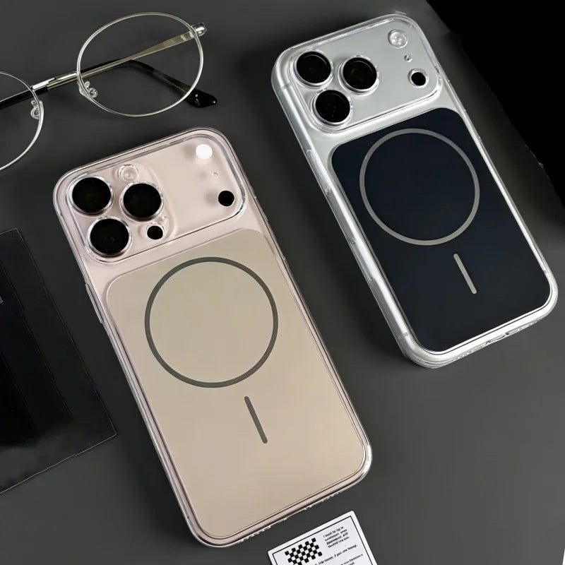 Luxury Hard Ultra-Thin Magnet Case For iPhone 17 Air 16 15 14 13 Pro Max For Magsafe Wireless Charge Clear PC Large Window Cover