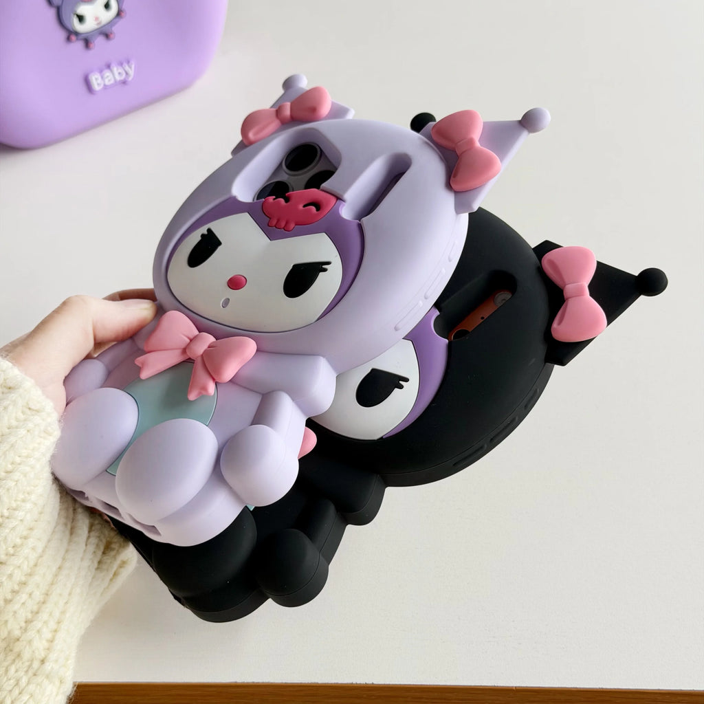 Kawaii Cartoon 3D Kuromi Leg Bracket Phone Case For iPhone 17 16 15 14 13 12 Pro Max Plus 17 Pro 16e Shockproof Cute Phone Cover