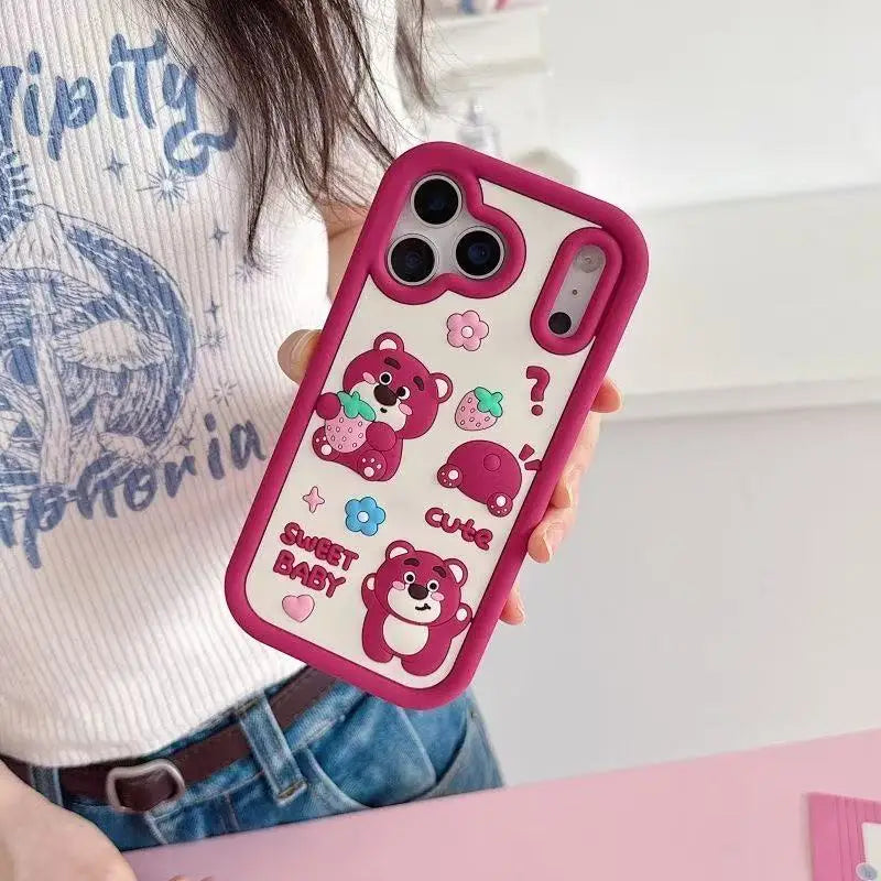 Cute 3D cartoon strawberry bear silicone phone case for iPhone 17 16 15 14 13 12 11 Pro Max xsmax XS 7 8 Plus protective case